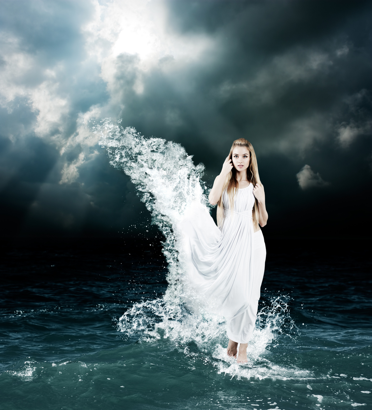 A mystic goddess appearing out of a stormy sea